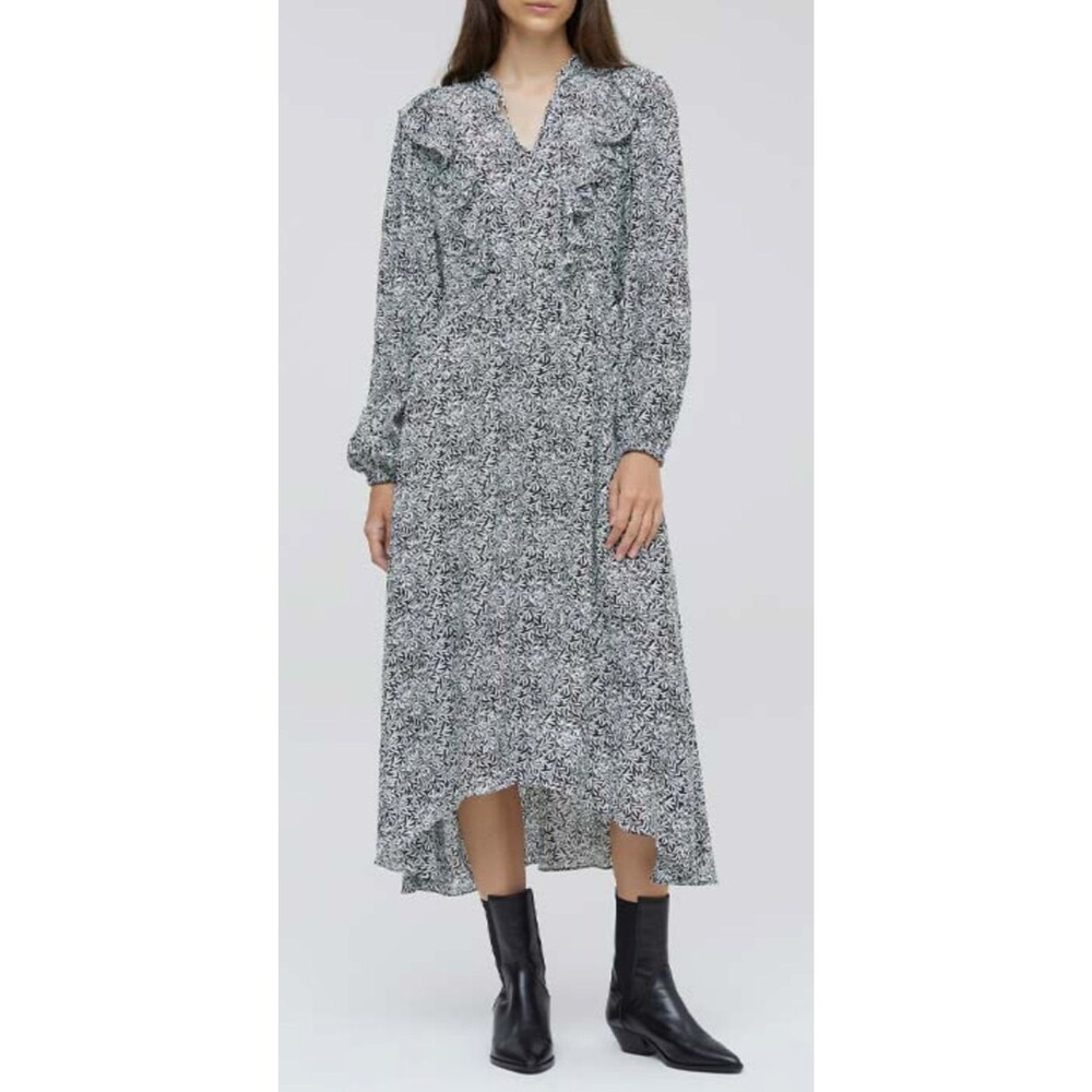 Closed Womens Midi Dress Size XS Silk Black White Ruffle Viscose Long Sleeve